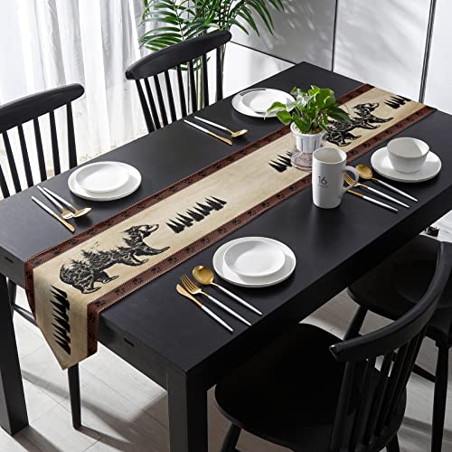 Loopop Vintage Bear Table Runner-Cotton Linen-Long 72 Inches Dresser Scarves, Rustic Farmhouse Table Runner For Wedding Dining Table Decor Pine Tree Moon Wild Animals #TOP2
