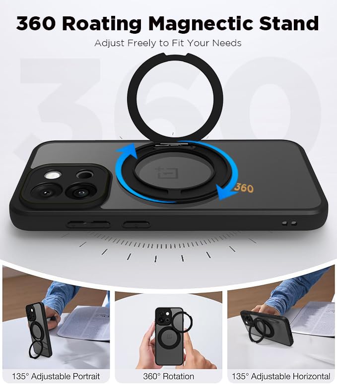 Image of RIGGEAR Shockproof Sleek Hybrid Armor 360 Rotating Magnetic Ring Stand Back Cover Case Compatible with MagSafe Accessories for OnePlus 13s (Clear PC + Black TPU Bumper)