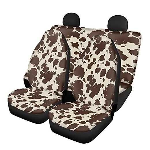 Wanyint Brown Cow Print Car Seat Covers Full Set for Women Men Adorable Animal Fur Print Front Seat Protector Cover + Rear Backrest + Bottom Cover Full Set of 4pcs