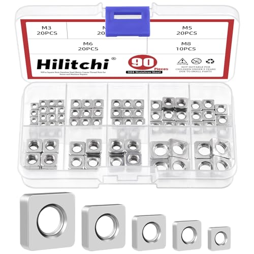 Hilitchi 90Pcs Square Nuts Assortment M3 M4 M5 M6 M8 304 Stainless Steel Square Nuts Square Machine Screws Nut Metric Coarse Thread Metric Square Nut Fasteners for Home Repair(304 Stainless Steel)