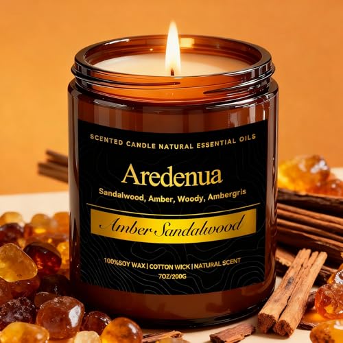 Amber Sandalwood Candle, Scented Candles for Home, Masculine Candle, Aromatherapy Gifts - 7oz Soy Candles for Home Scented, 50 Hours Burn Time, Perfec
