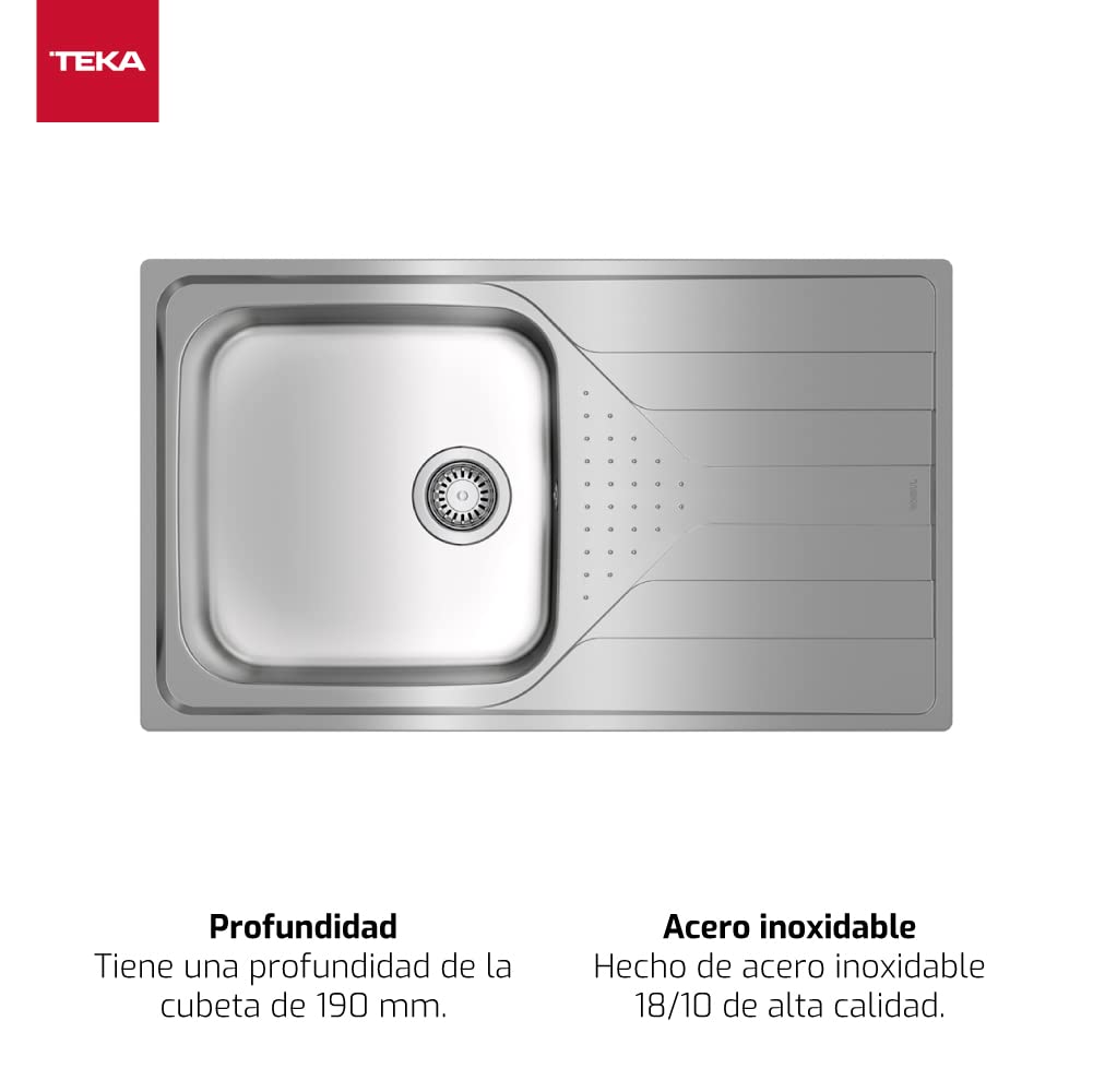 TEKA Fregadero Encastrado 1 Cubeta con Escurridor, Acero Inoxidable, 190mm Profundidad, 50cm Mueble, Universe 50 T-XP 1C 1E Plus