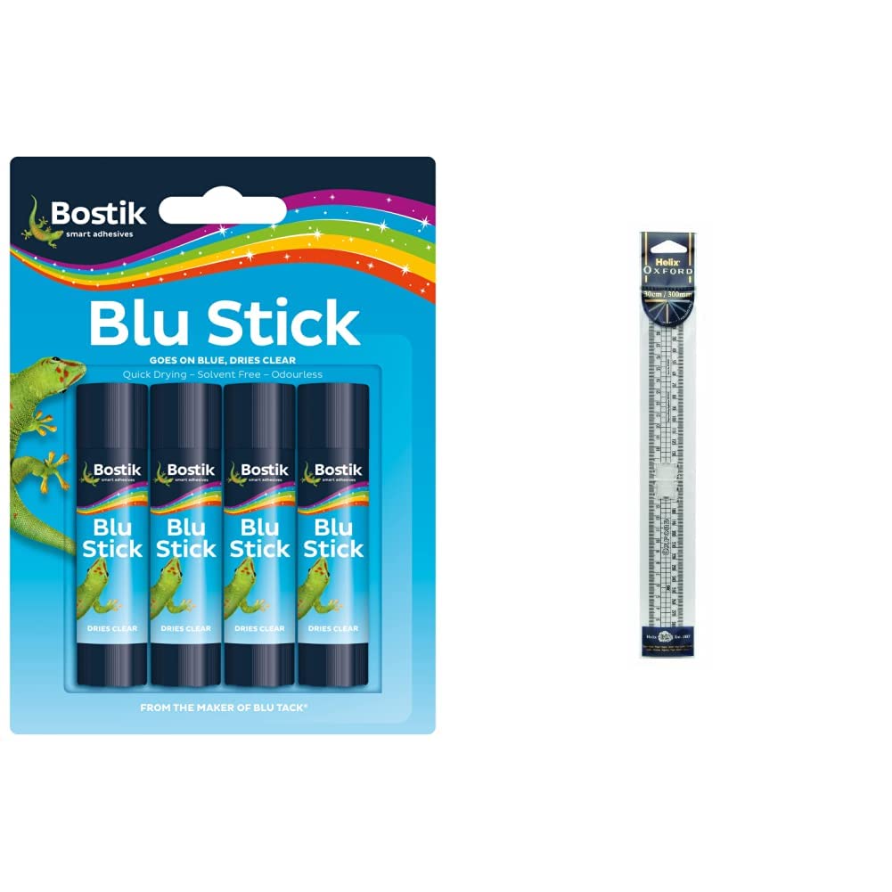 Bostik Blu Stick Glue Sticks, Goes on Blue, Dries Clear, Solvent Free, Washable, 4 x 8g sticks & Helix Oxford 30cm Folding Ruler, Oxford Blue