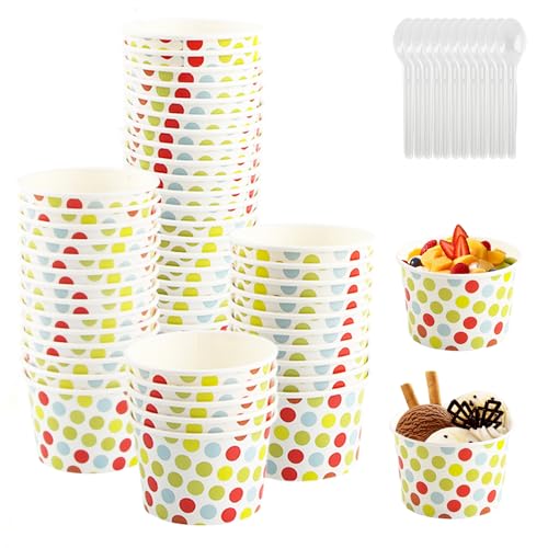 RosyFate Eisbecher Pappe 50 Stück Eisbecher Set mit 50 Stück Löffel Pappbecher Bunt Pappbecher Dot Dessertbecher Pappschalen für EIS Dessert Gefrorenen Joghurt (Bunte Punkte)