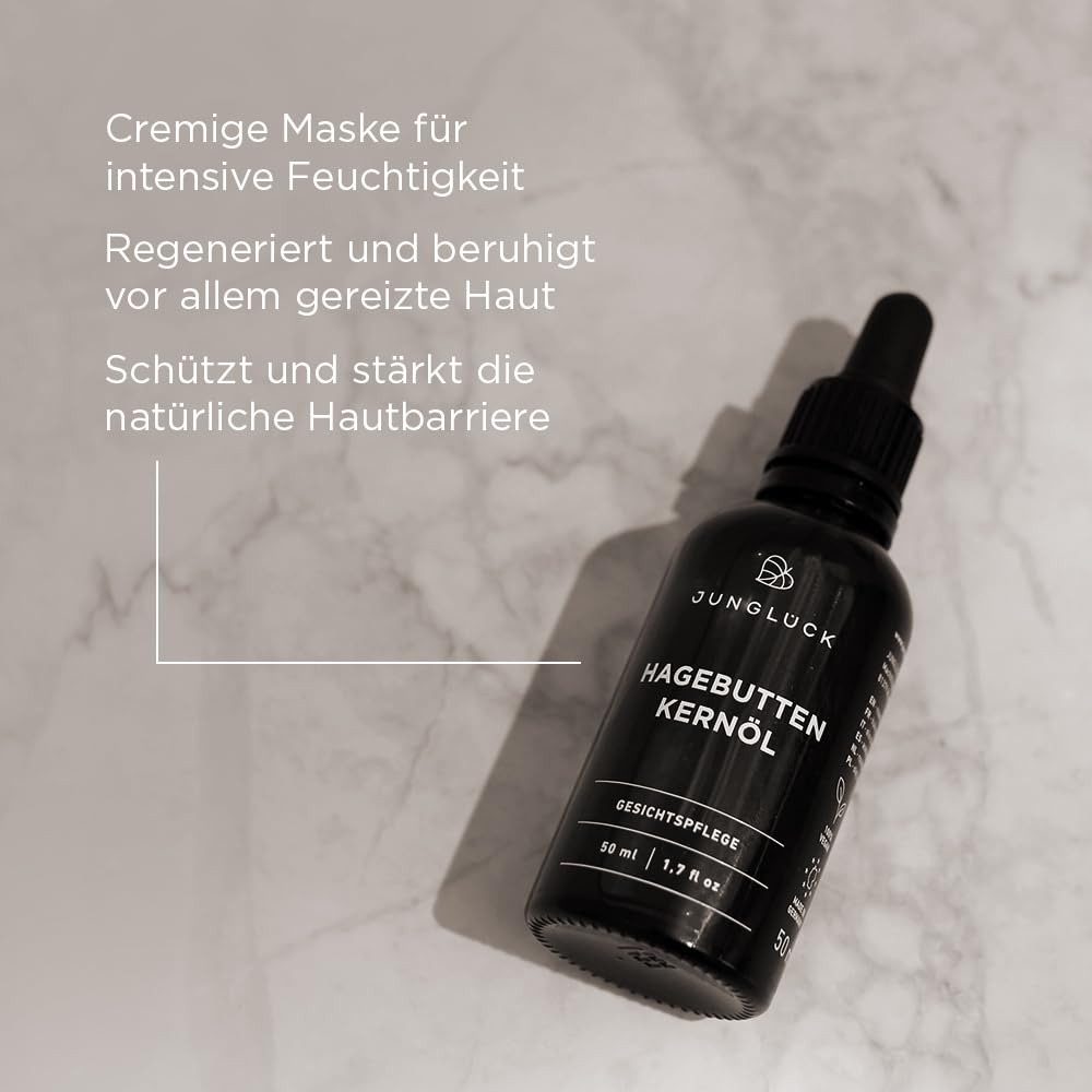 JUNGLÜCK BIO Hagebuttenkernöl - Vegan | Hagebuttenöl Kaltgepresst 100% Rein & Natürlich beruhigt Rötungen, gereizte und sensible Haut | Wildrosenöl antioxidativ regt die Zellerneuerung an
