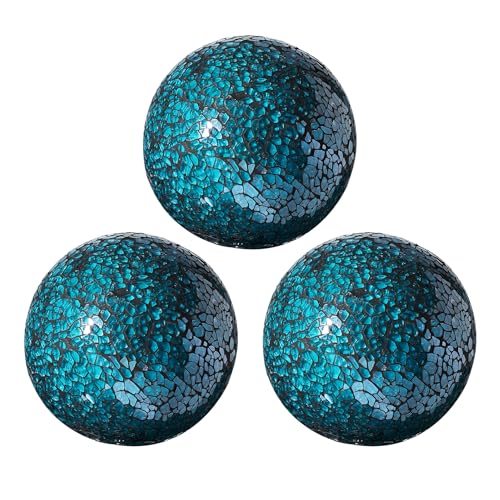 Decorative Mosaic Glass Orbs, 4 Inch Diameter, Set of 3 Sphere Balls (Teal)