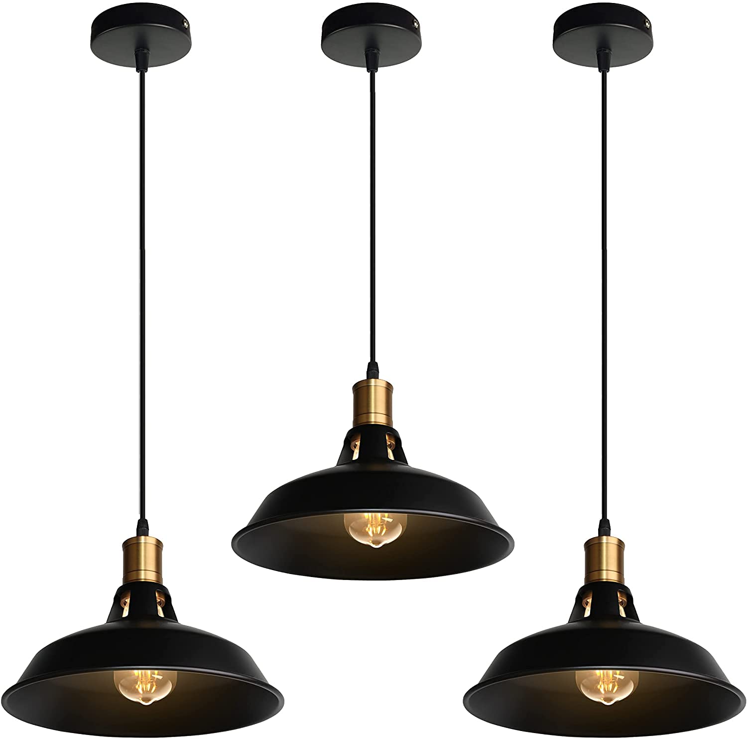 Lampada a Sospensione Industriale Vintage Lampadario Plafoniera E27 in Metallo Ø27cm Lampada da soffitto Retro Interni Per Cucina Camera da letto Sala Da Pranzo (Nero, 3 pezzi)