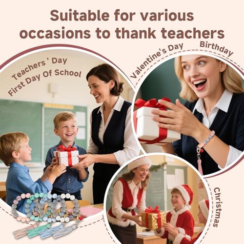 LYART 4Set Teacher Appreciation Bracelets Keychains Gifts in Bulk for Women, with Thank You Message Cards from Student, Silicone Teacher Bracelet Jewelry for Women4