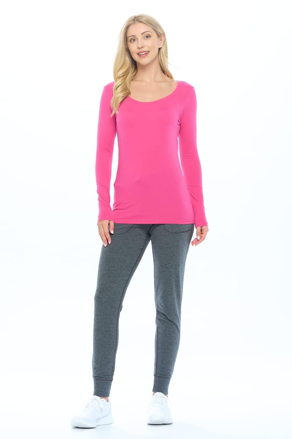 ACTIVE UNIFORMS Women's Long Sleeve Scoop-Neck T-Shirt Under Scrub (Neon Pink, Medium)