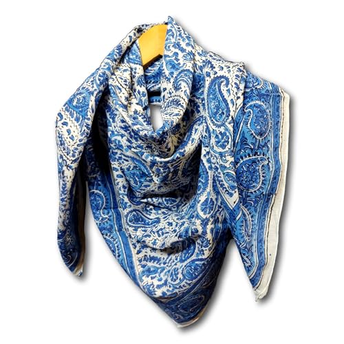 Large Cotton Scarfs for Women Lightweight Soft Sheer Neck Scarf, Head Scarf, Block Print Summer Floral Scarf, Bandanas for Women, Handmade Blue Fashion Scarf Square Shawl Stole Wrap 21x21 inches