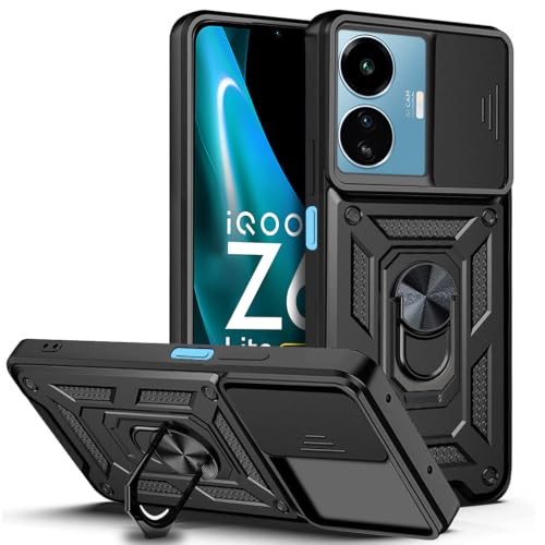 Image of AESTMO Tough Armor iQOO Z6 Lite 5G Bumper Back Case Cover | Ring Holder & Sliding Camera Shield Cover | 360 Degree Protection Back Case Cover for iQOO Z6 Lite 5G (Black)