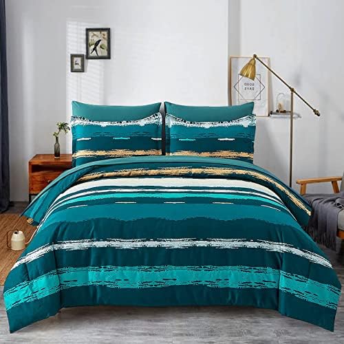 7 Pieces Blue Comforter Set King, Boho Bed in a Bag Comforter Gradient Striped Bedding Set Soft Microfiber King Size(1 Comforter,2 Pillowcase,2 Pillow Shams,1 Flat Sheet,1 Fitted Sheet)
