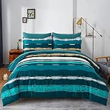 7 Pieces Blue Comforter Set King, Boho Bed in a Bag Comforter Gradient Striped Bedding Set Soft Micr