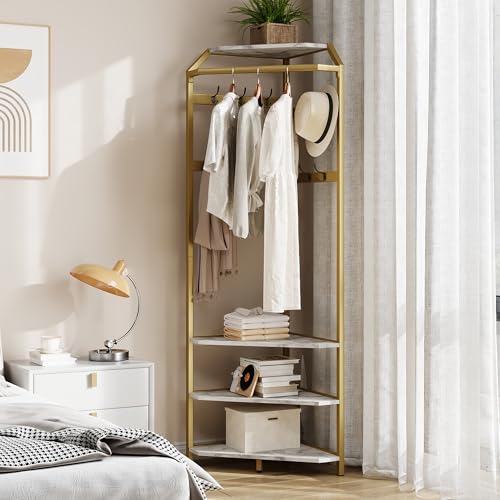GarveeHome Corner Coat Rack with Shoe Bench Entryway, Corner Hall Tree with 6 Double Hooks, Clothes Rack with Storage Hall Tree with Organizer Shoe Bench Shelf (Gold 02, 20 * 20 * 71 inch)