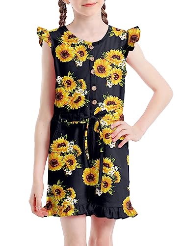 Goodstoworld Girls Romper Jumpsuit Size 9 8-10 Summer Clothes Ruffled Sunflower Crew Round Button Jumper One Piece Adjustable Drawstring Waist Outfits Kid Overalls With Pocket #TOP19