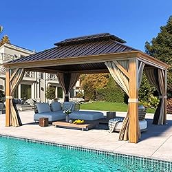 MELLCOM 12'x14' Hardtop Gazebo, Wooden Finish Coated Aluminum Frame Canopy