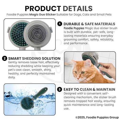 Image of Foodie Puppies Pet Self Cleaning Grooming Massager Slicker Brush for Dogs & Cats - (Magic Duo Slicker) Effortless Undercoat Removal, Stress-Relieving Massaging Tool, Ideal for Long & Short Hair