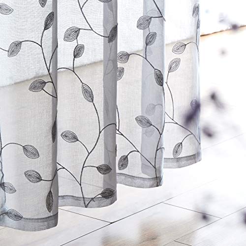 Fragrantex Botanical Leaf Grey Sheer Curtains for Bedroom 84 inches Length 2 Panels See Through Window Drapes with Floral Embroidery Plant Pattern for Living Room/Bedroom Rod Pocket 1 Pair,W38xL84