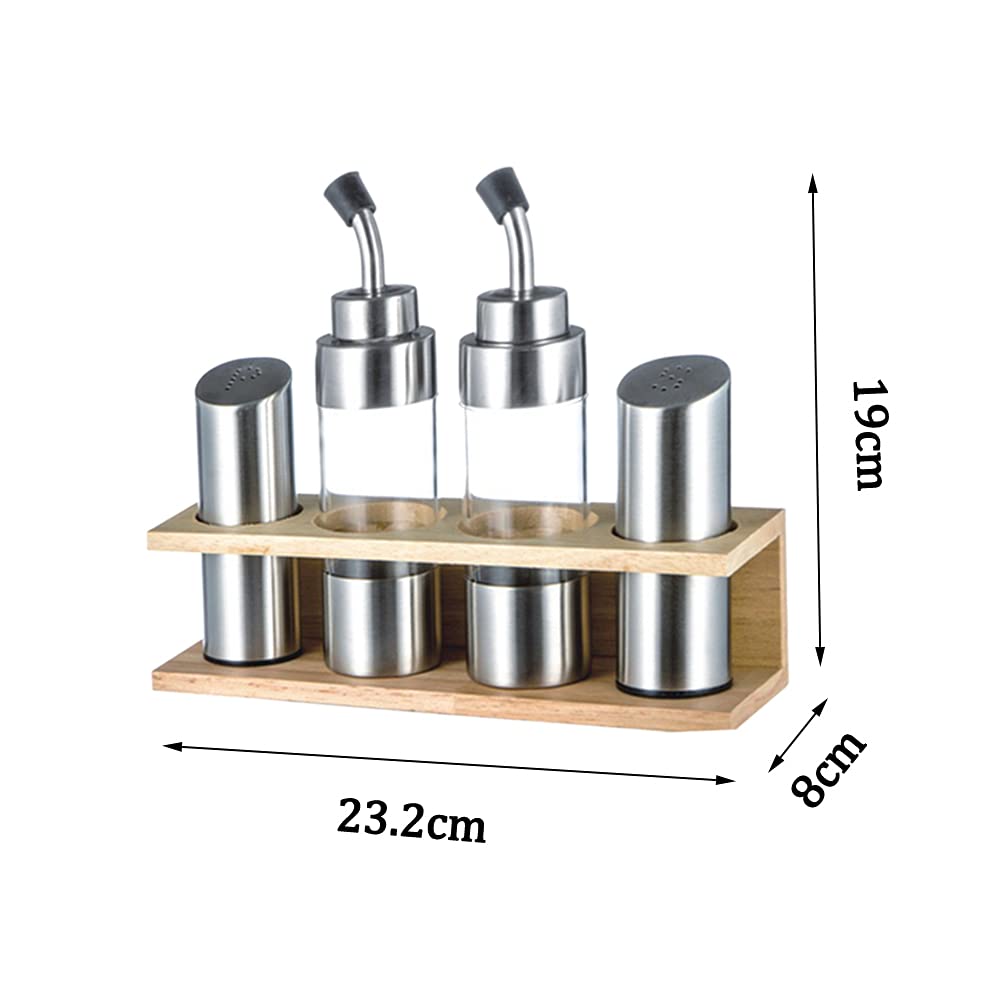 4-teiliges Öl- und Essigspender-Set inless Steel & S SE Set mit Holzregal inkl. 2 Öl- und Essigflaschen, 2 Salz- und Pfefferstreuer, Küche Se