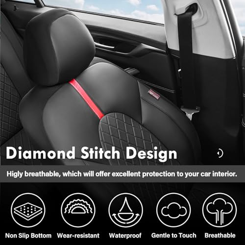 Image of Coverado Car Seat Covers Full Set, Waterproof Front Seats Back Seat Cover, Leather Seat Cushion Universal Fit for Most Cars (Black-Red)