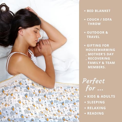Image of TOAIArt Premium Jaipuri Dohar | AC Blanket Summer Quilt | Hand Block Printed | 3 Layers | Reversible | 150GSM 100% Mulmul Cotton | 100% Cotton Flannel Filling | Queen 90 inch X 108 inch |Grey Yellow Cartoon