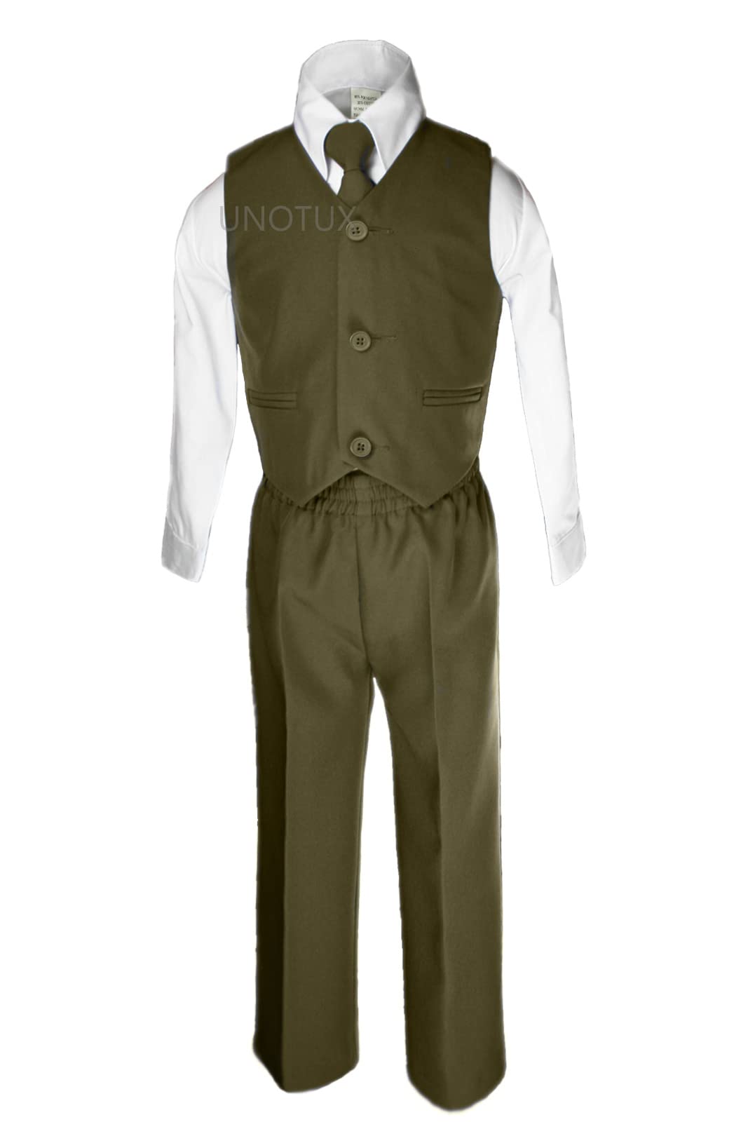 Infant Toddler Boy Wedding Formal Olive Green Vest Suits Sets Poly Button 12M-4T (12 Months, White Shirt Set)