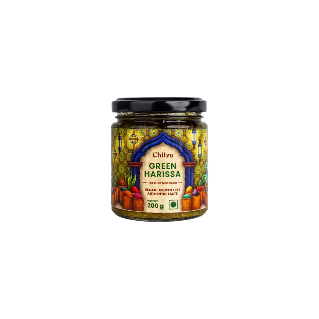 CHILZO GREEN HARISSA PASTE- (200g) | Authentic Harissa | Made with Premium ingredients| Vegan | No Artificial Colors/Flavors | Versatile| Dip, Stir-fry, Marinate, Cook| (200 gm)