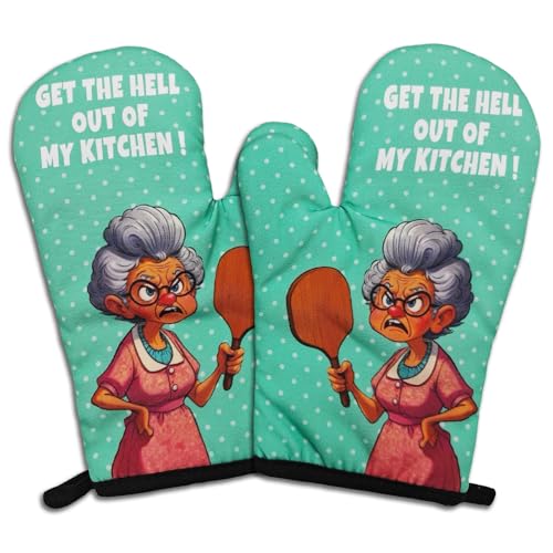 GOSJINNK 2 Pcs Funny Oven Mitts Get The Hxxl Out of My Kitchen Heat Resistant Mitts for Kitchen Decor Sarcastic Saying Silicone Non-Slip Oven Mitts Sweet Housewarming Gifts for Mom Hostess Housewife