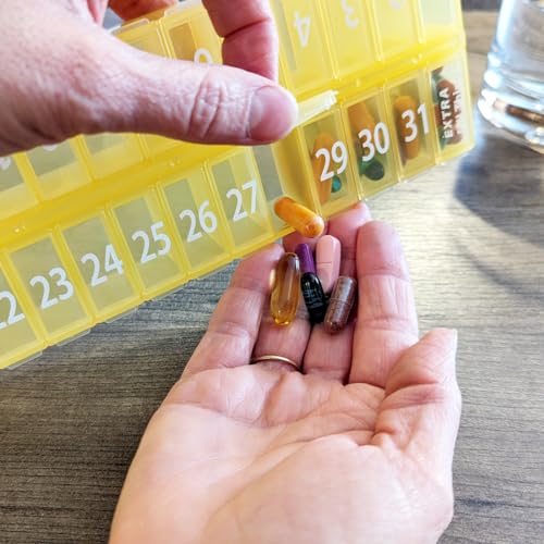 Image of Once-a Day Monthly Pill Organizer Removable Lid for Easy Loading - Large Compartment Pill Box Medications for Entire Month Plus a Compartment for Extra Pills BPA Free (Pack of 2)