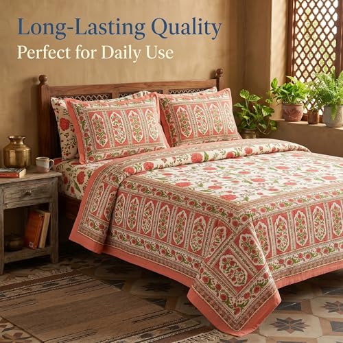 Image of Mafatlal 144 TC Heritage 100% Pure Cotton Jaipuri Bedsheet with Pillow Covers(90x108 inches) | Soft & Breathable Fabric | Traditional Floral Print | Color Burst