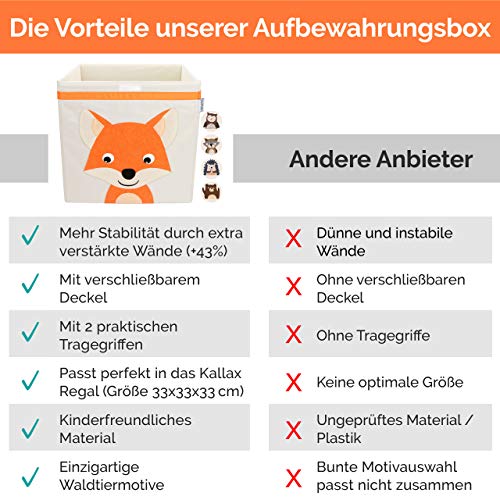 GLÜCKSWOLKE Aufbewahrungsbox Kinder - 15 Motive I Spielzeugkiste mit Deckel I Spielzeugbox (33x33x33) zur Aufbewahrung im Kallax Regal I Waldtiere Fuchs Motiv für Kinderzimmer Spielzeug