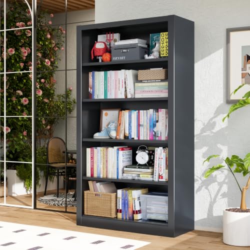 Image of Black Metal Bookcase, 66 inch H Tall Adjustable Bookshelf