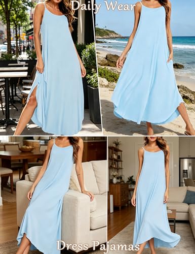 Image of SWOMOG Women Long Nightgown Pajama Dress Soft Strap Nightdress Summer Sleeveless Nightshirt Lounge Dress with Pockets