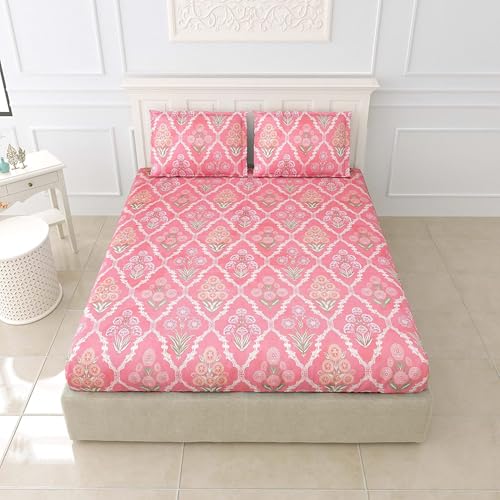 Image of DECOMIZER Glace Cotton King Size AC Comforter - Blanket & Duvet with 1 King Size Elastic Fitted Bedsheet 72 inchX78 inch & 2 Pillow Covers - 4 Piece Comforter Set - Pink Jaipuri-300 TC Super Soft