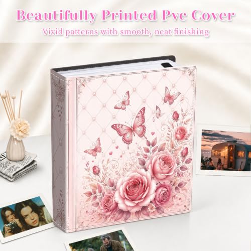 Image of Photo Album 4x6 120 Pockets Quilted Pink Rose Butterfly | 120 clear 4x6 photo pockets, strong elastic band, compact album, family travel wedding use, pink rose butterfly cover