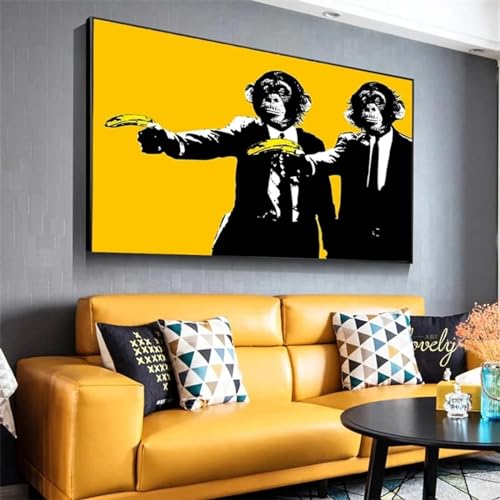 Toile drôle de singe gorille jaune pour salon moderne tableau encadré noir 50x95 cm