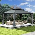 Domi 10x14FT Outdoor Gazebo, Hardtop Gazebo with Galvanized Steel Double Roof, Metal Gazebos with Drainage System Patio Pergola for Patio Deck Backyard,Curtain and Netting,Gray
