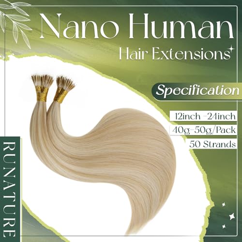 RUNATURE 22 Inch Nano Hair Extensions Real Human Hair Blonde Highlight Ash Blonde Nano Beads Hair Extensions Human Hair Invisible Nano Beads Hair 50s/50g #18p613 - Image 2