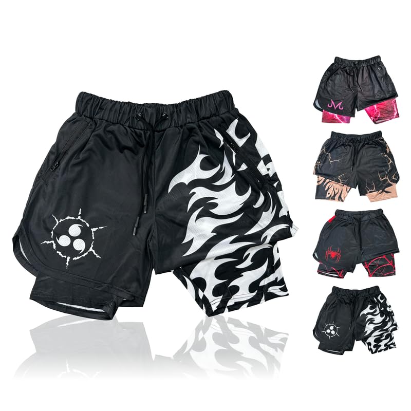 CROWN Anime Shorts - Breathable Stretch Compression Gym Short with Pockets and Towel Holder (M-Blackwcursedmark)