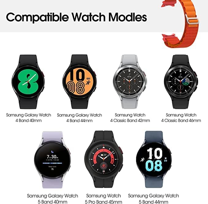 Image of FOLX FAG05 No Gap G-Hook Nylon Alpine Watch Bands Compatible for Samsung Galaxy Watch 4 Band & Galaxy Watch 5 Band 44mm 40mm /Watch 5 Pro Bands 45mm /Galaxy Watch 4 Classic Bands 46mm 42mm,20mm Sport Strap Wristbands for Men Women Unisex (ALPINE [ ORANGE ])