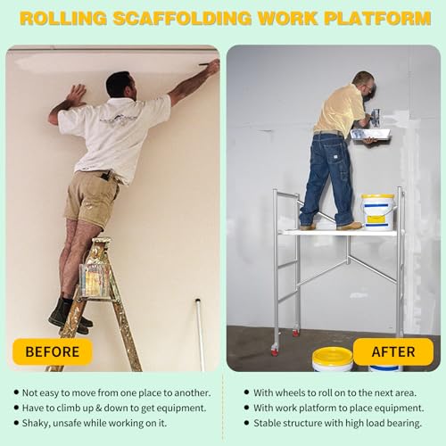 Image of Scaffolding Work Platform, Rolling Scaffolding with Wheels, Scaffold for Building Construction, Interior Painting, Home Improvement（59.0 inch Height, 500LBS Capacity, Silver)