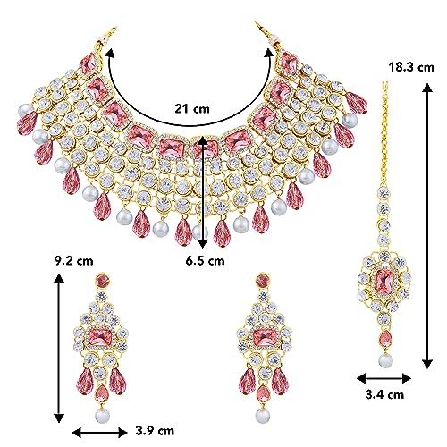 Image of Peora Crystal Choker Necklace with Maang Tikka Earrings Indian Traditional Bridal Wedding Jewellery Set for Women