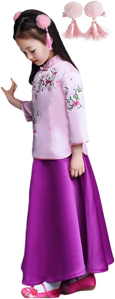 CRB FashionChinese Qipao Kids Girls Top Shirt Skirt Dress Clothing Hair Clips Outfit 4 PIECE SET
