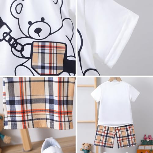 Image of KIDLAGA Kids Toddler Boy Clothes Outfits Bear Print Tee + Plaid Shorts 2 Pieces Summer Shorts Set