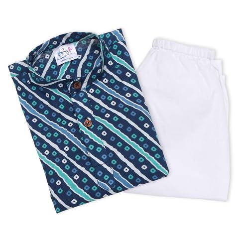 Image of superminis Cotton Boys Sanganeri Lehariya Printed Kurta Set with White Pyjama Elastic Closure