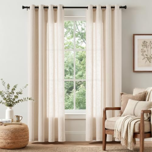 Image of jinchan Linen Curtains 90 Inch Light Filtering Grommet 2 Panels Beige