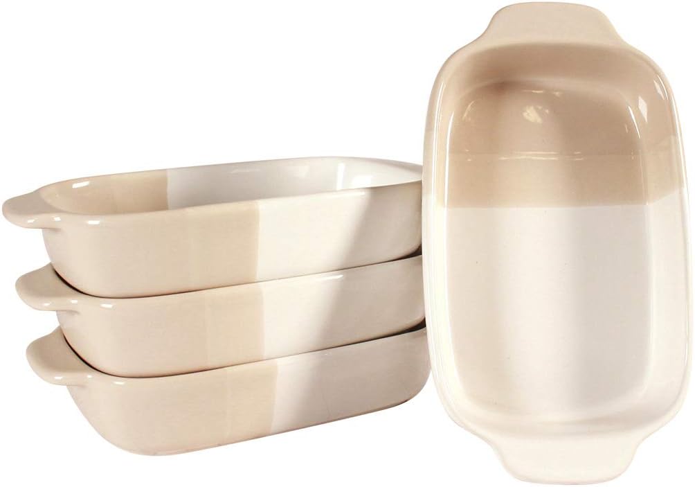 Set of 4 Mini Rectangular Bakers by CIROA | 6 x 3.5 Inch Individual Loaf Pans in Taupe and White