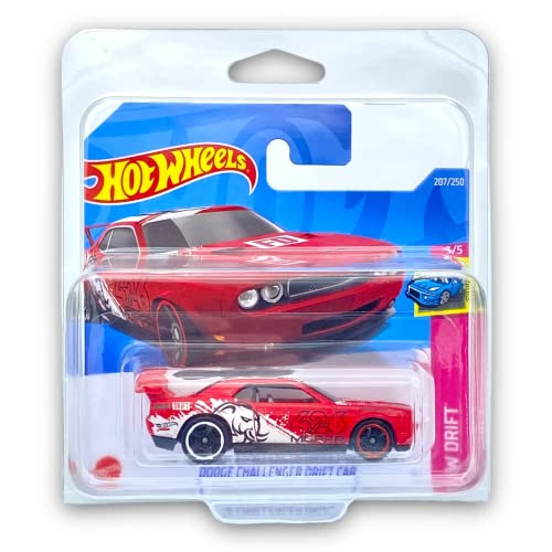 Hot Wheels Dodge Challenger Drift Car (rojo y blanco) 3/5 HW Drift 2022-207/250 (tarjeta corta) - Viene en una funda protectora para coleccionistas de KLAS - HCX80