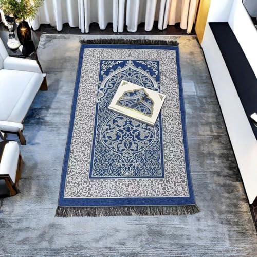 イスラム旅行祈りマット Mus ポータブル祈りラグ イスラム教徒の祈りマットと数珠 | Janamaz | Sajadah | ソフトイスラム祈りの敷物 | タフタ生地 (ブルー)