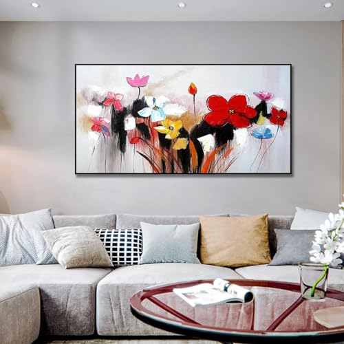 Peinture à l'huile abstraite fleur tableau salon déco murale cadre noir